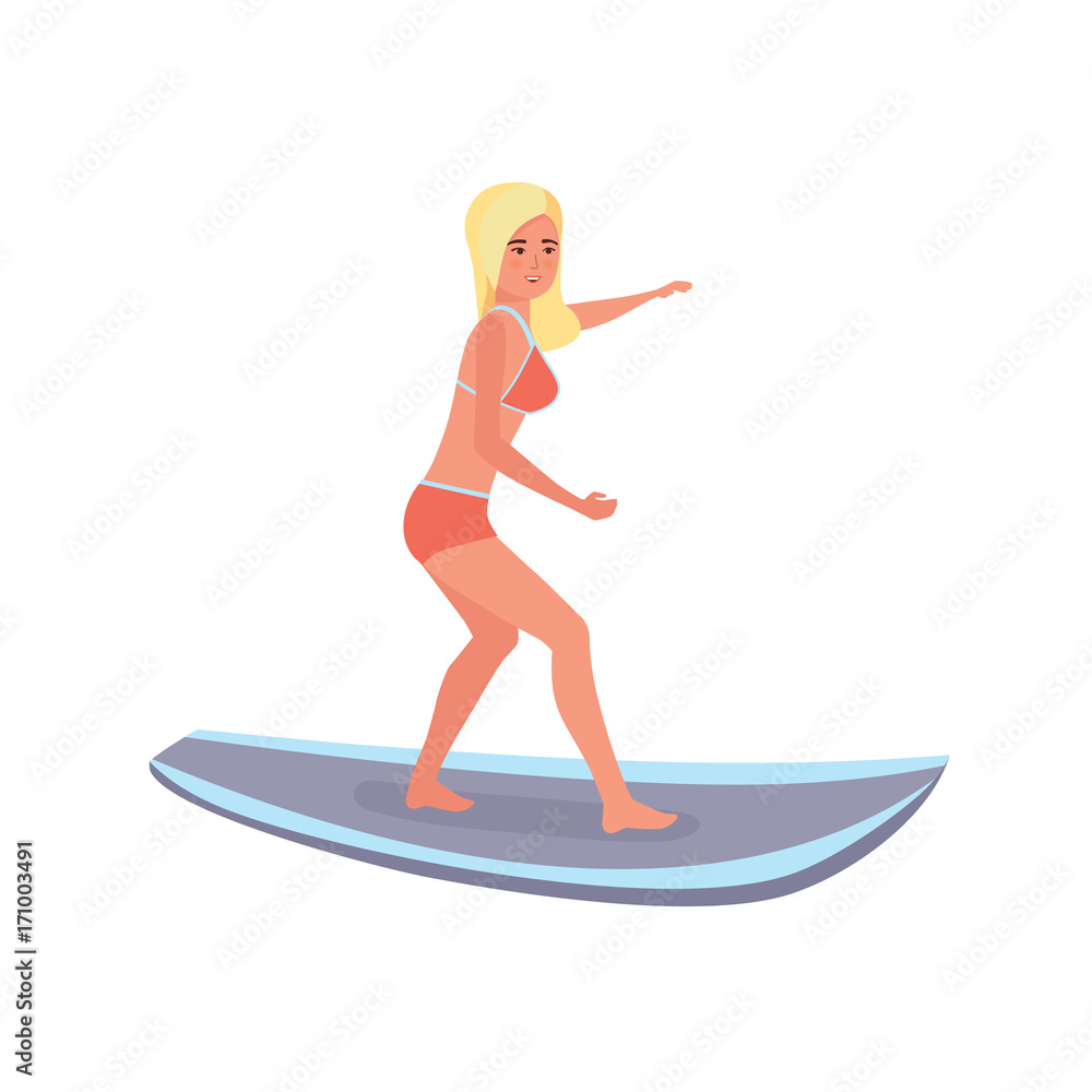 Surfer with surfboard standing, riding on ocean wave. Surf travel.