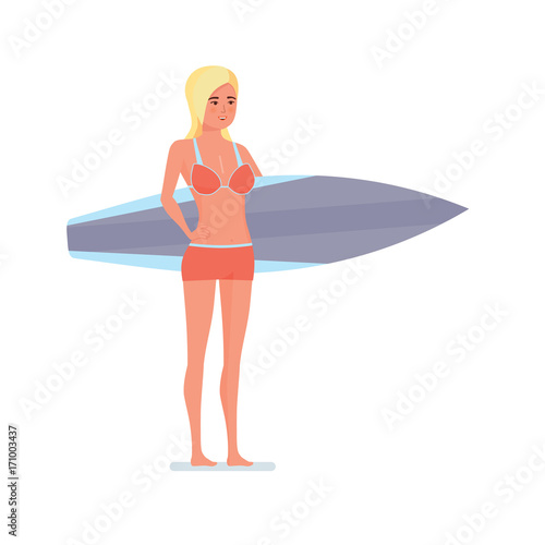 Surfer stands sideways holding board for swimming in his hands. © Idey