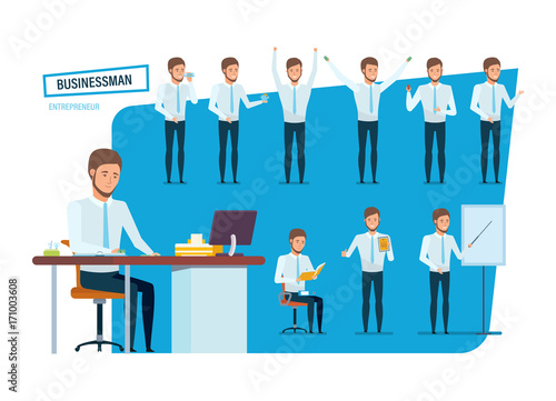 Businessman in strict work clothes, in various poses and positions.