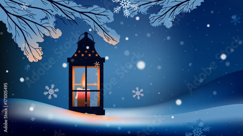 Christmas lantern with snowfall in the night background