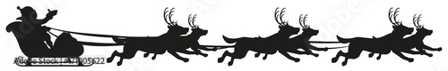 Santa riding dog sled ride. Black silhouette of dogs with horns of deer