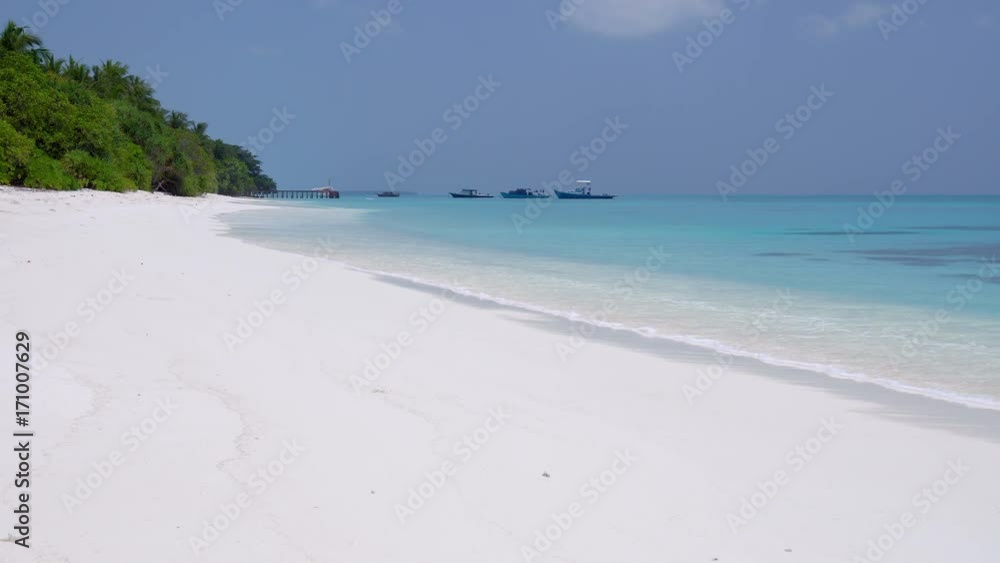 Tropical island at maldivian atoll in Indian Ocean. Wild and uninhabited coast with palm trees. Travel destinations Tropical island at maldivian atoll in Indian Ocean. Wild and uninhabited coast with palm trees. Travel destinations