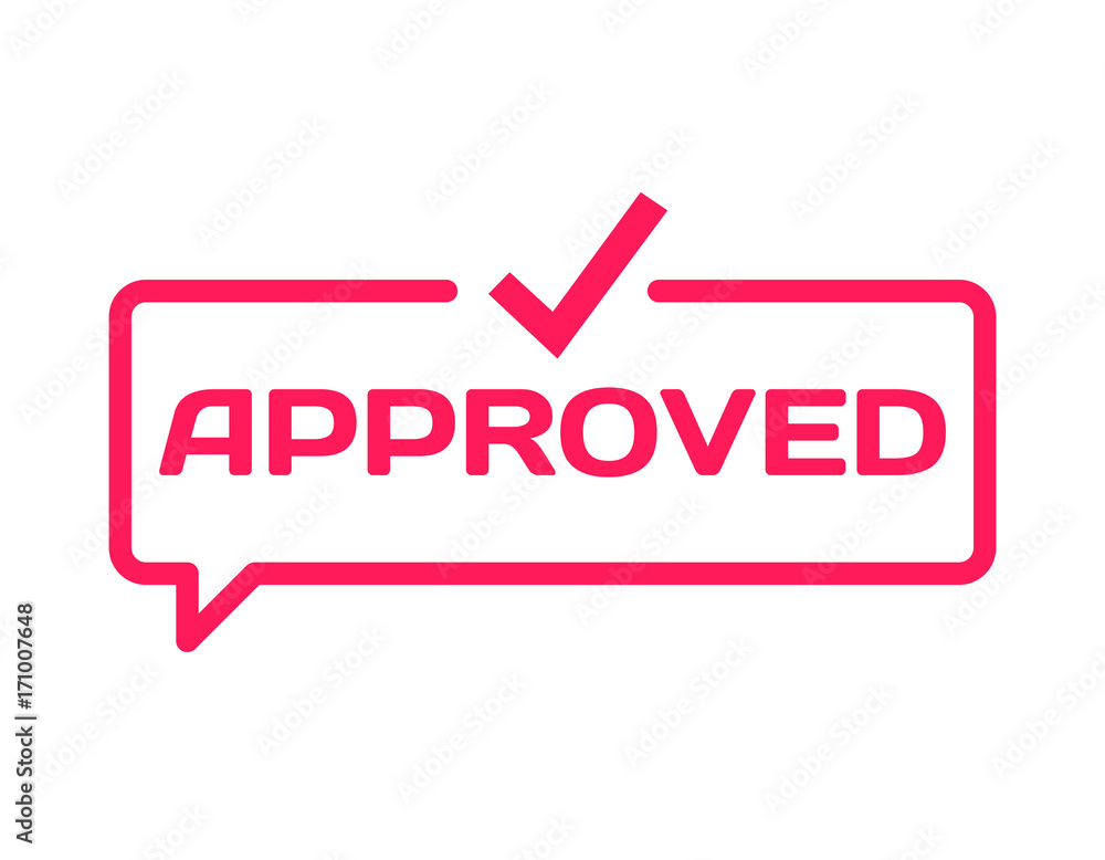Approved stamp in flat minimalistic style on white background. Confirm dialog bubble icon with mark V. Vector Approved stamp in flat minimalistic style on white background. Confirm dialog bubble icon with mark V. Vector