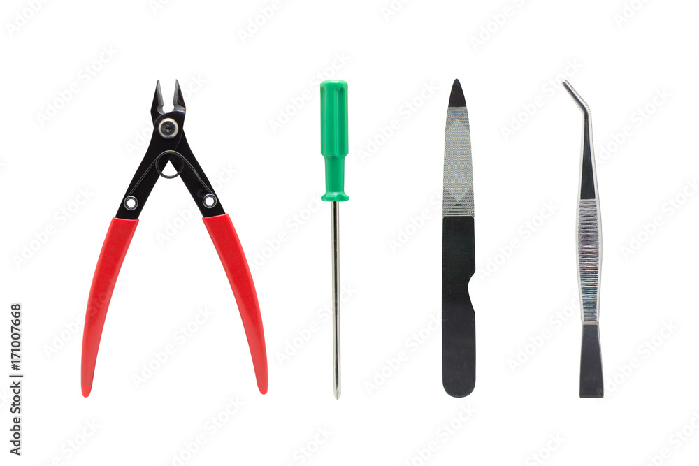 Group of Tools used in hobby jobs for craftsman. Tools isolated on white background. Pliers,Rasp,Screwdriver,Tweezers Group of Tools used in hobby jobs for craftsman. Tools isolated on white background. Pliers,Rasp,Screwdriver,Tweezers