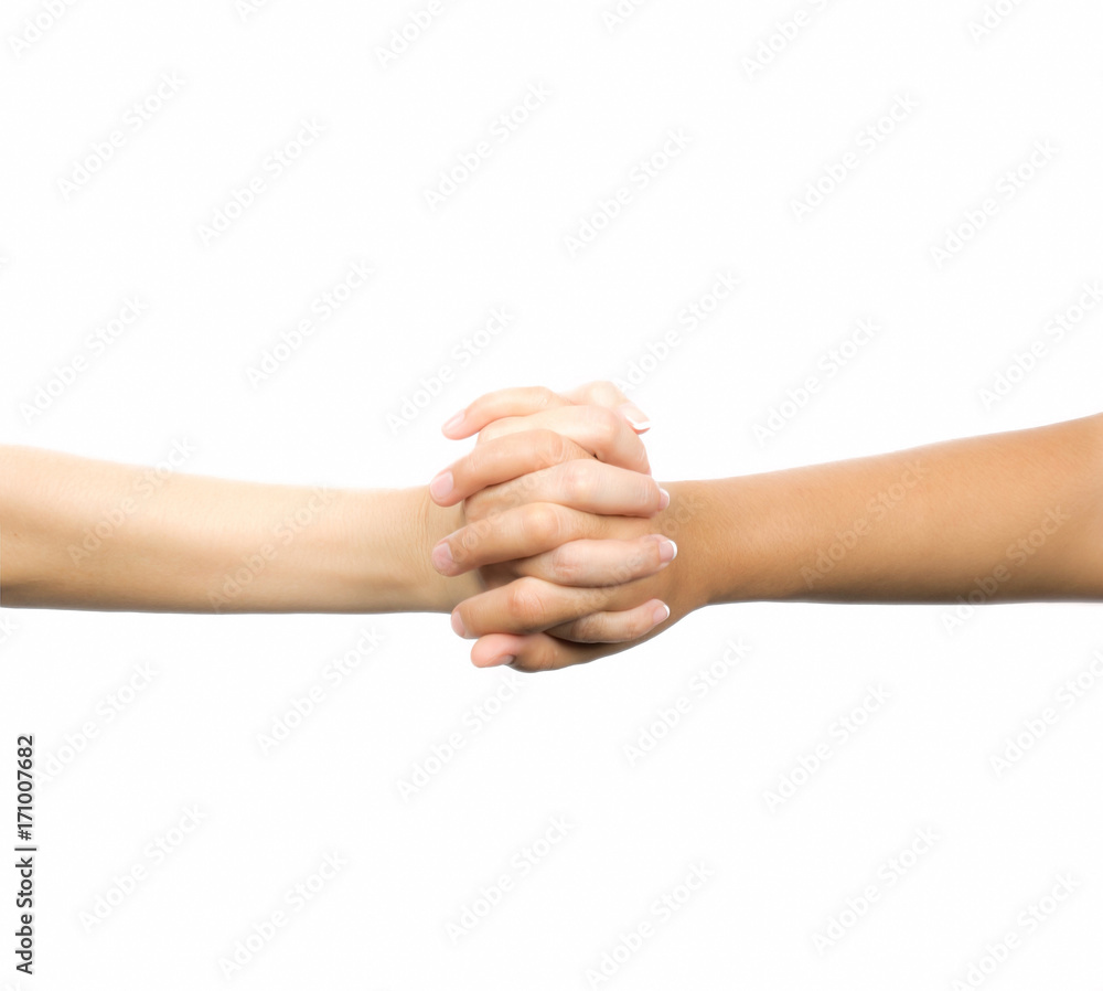 Two Asian hand touching and pushes. Isolated on white background Two Asian hand touching and pushes. Isolated on white background