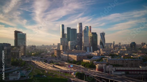 sunset sun light modern moscow city block traffic road ring aerial panorama 4k timelapse russia