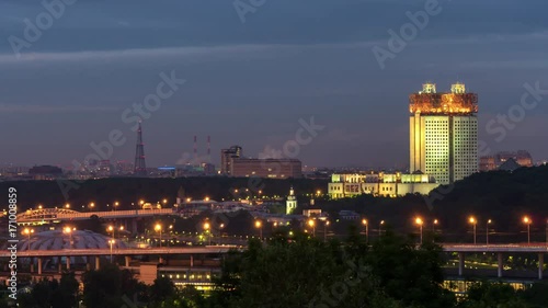 sunset twilight moscow cityscape russian academy of science panorama 4k timelapse russia