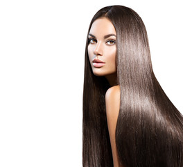 Beautiful long hair. Beauty woman with straight black hair isolated on white