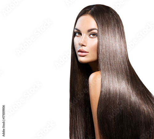Beautiful long hair. Beauty woman with straight black hair isolated on white