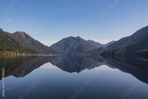 Reflection on water Lake Crescent located 18 miles west of Port Angeles in the Olympic mountain foothills of Olympic National Park, Washington