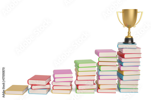 Golden trophy on books,3D illustration.