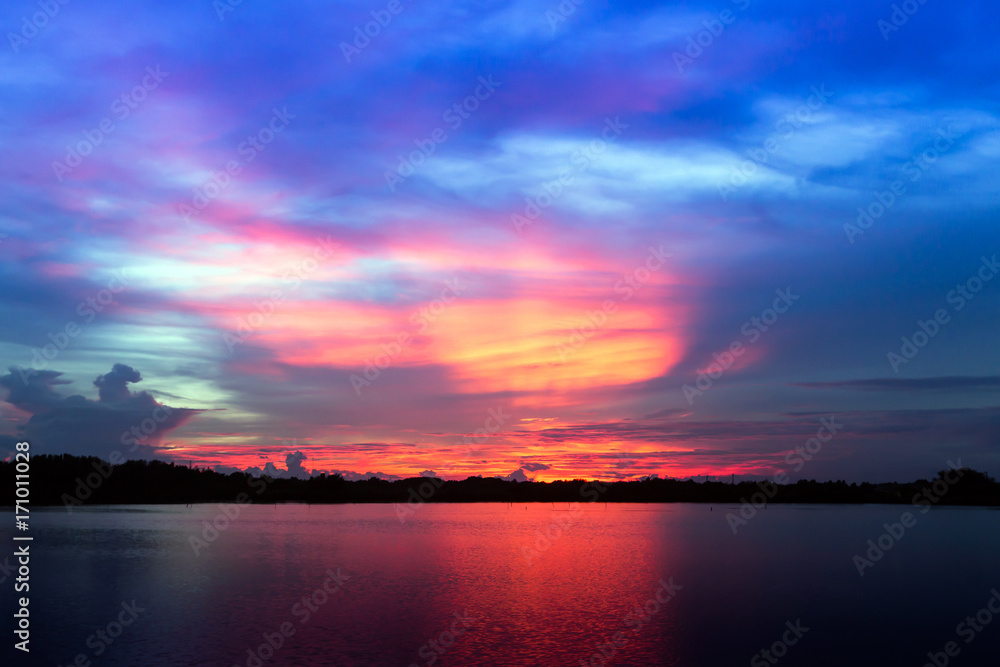 Sunset and lake and twilight sky 