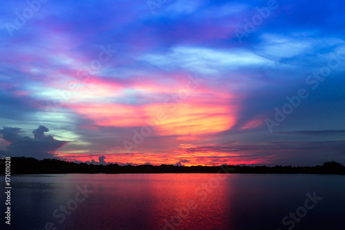Sunset and lake and twilight sky 