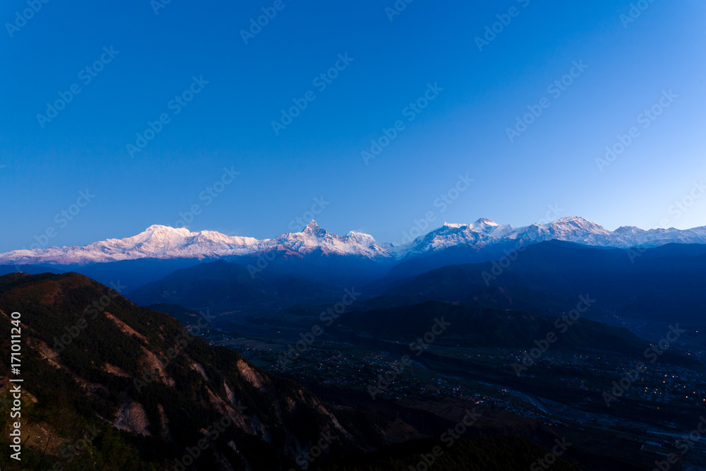 Annapurna Himalayan Mountain Range Tops Dawn Light