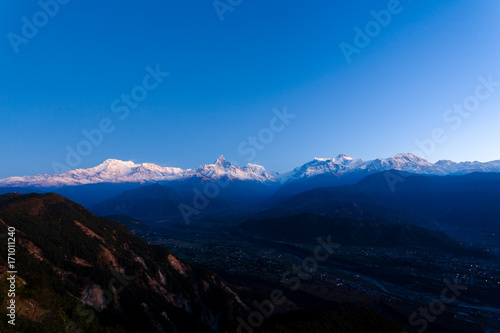 Fototapeta Naklejka Na Ścianę i Meble -  Annapurna Himalayan Mountain Range Tops Dawn Light