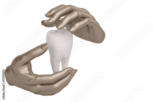 Steel hands keeping holding or protecting tooth,3D illustration. © Holmessu