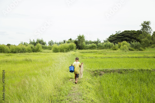 Rural children go to the fields and fish in the rice paddies. © popetorn