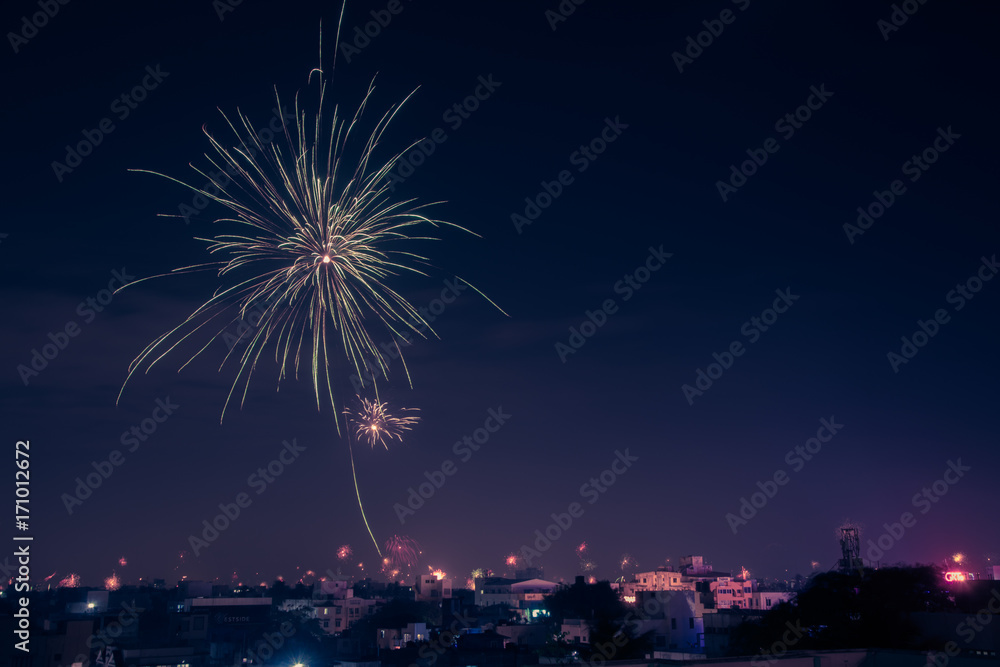 Fireworks over cityscape