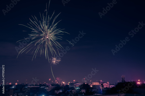 Fireworks over cityscape