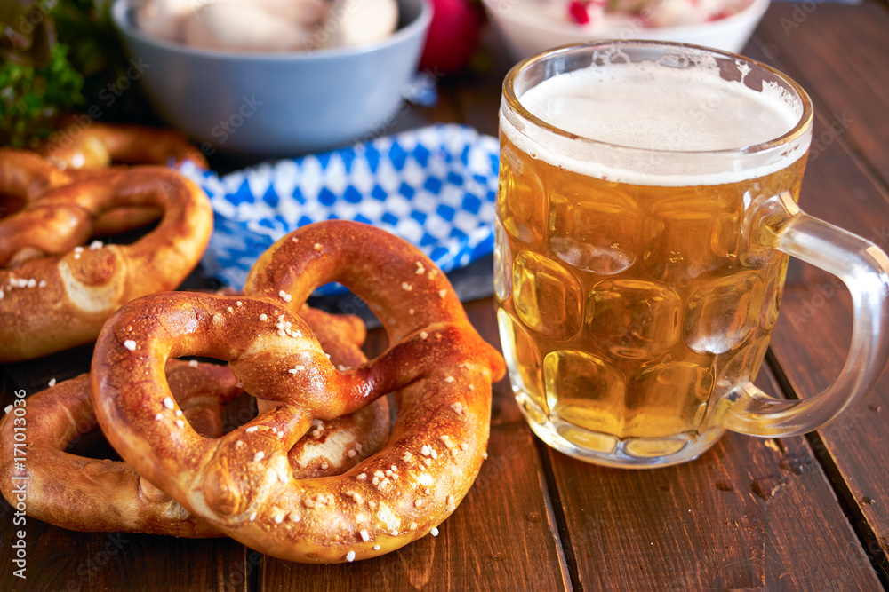 Oktoberfest food on wooden table Oktoberfest food on wooden table