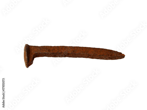 Rusted rail spike (cut spike or crampon) isolated on the white background. Large forged nail with an offset head that is used to secure rails and base plates to railroad ties or sleepers in the track