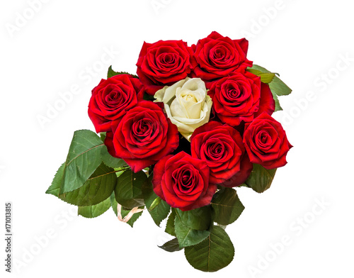 Bouquet of white and red roses. Isolated on white. Top view.
