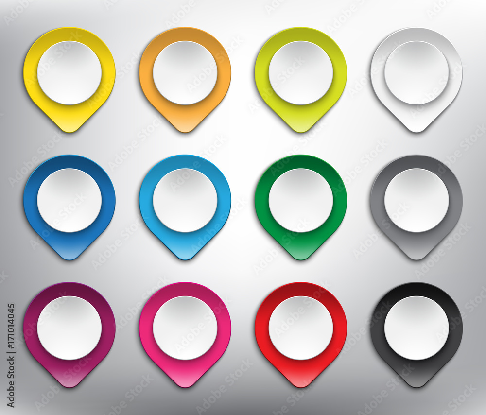 Collection of 12 blank map markers. Paper pointer icons collection. Isolated with realistic shine and shadow on the light background. Vector illustration. Eps10. Collection of 12 blank map markers. Paper pointer icons collection. Isolated with realistic shine and shadow on the light background. Vector illustration. Eps10.