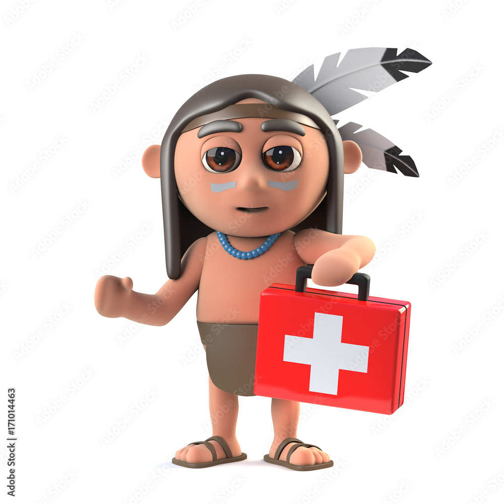 3d Funny cartoon Native American Indian brings first aid kit Stock  Illustration | Adobe Stock