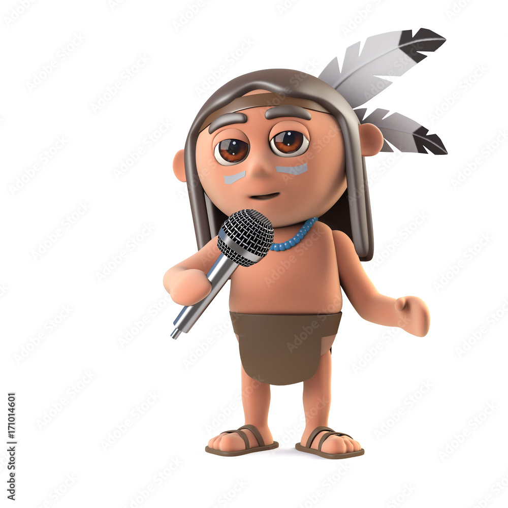 3d Funny cartoon Native American Indian singing into a microphone 3d Funny cartoon Native American Indian singing into a microphone