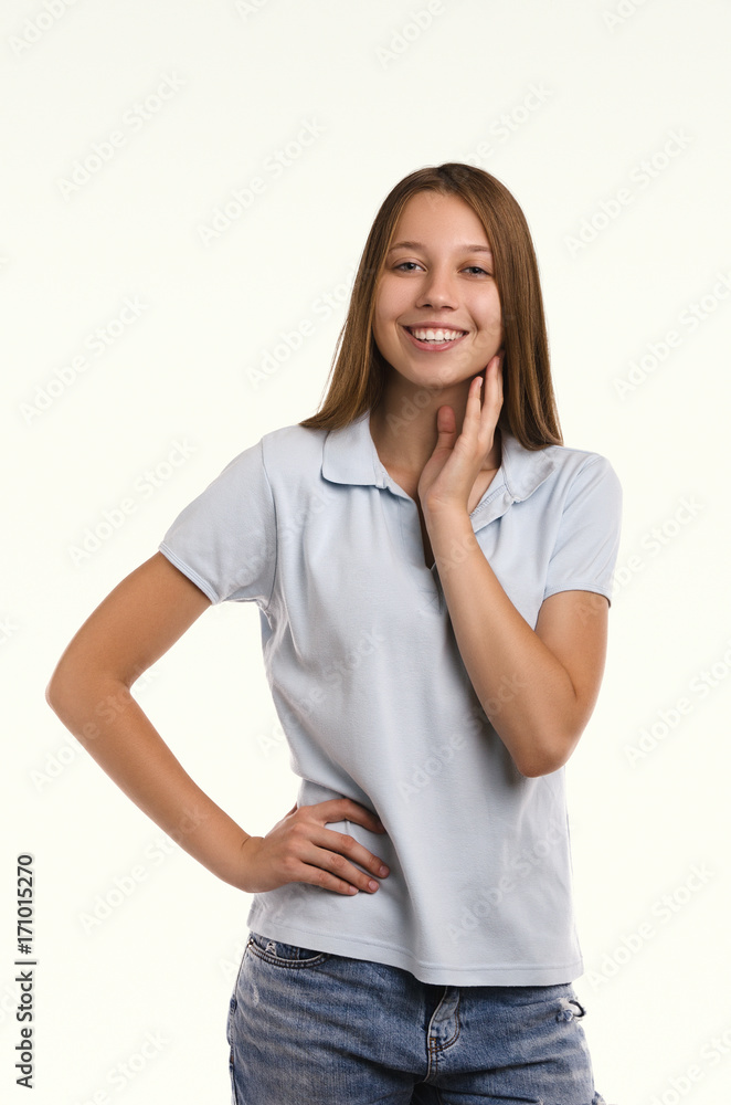 Beautiful woman looking ahead. Casual girl smiling portrait. Young attractive woman. Studio shot. Beautiful woman looking ahead. Casual girl smiling portrait. Young attractive woman. Studio shot.