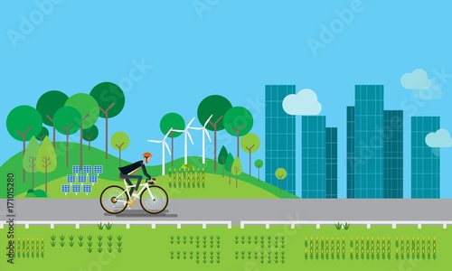 flat businessman character biking on the road and energy conservation concept 
