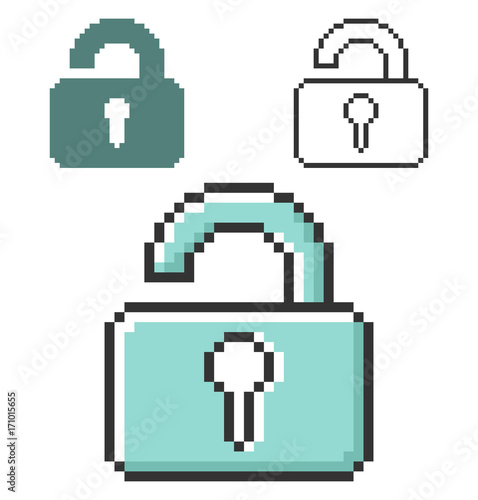 Pixel icon of unlocked padlock in three variants. Fully editable