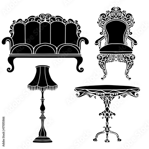 Vintage furniture set, armchair, sofa, table, floor lamp