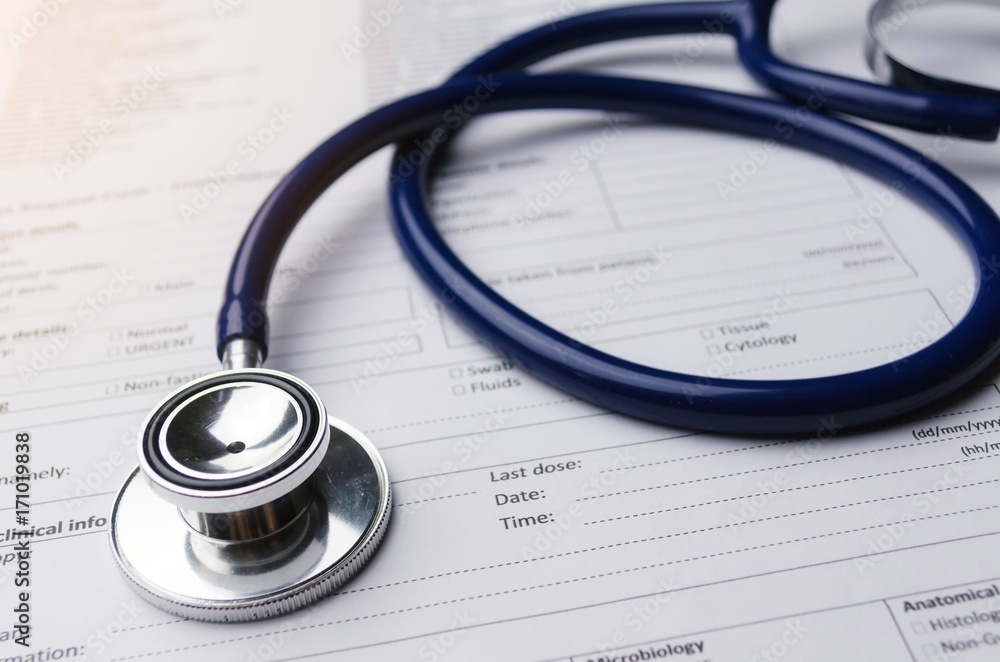 stethoscope and patient information form on desk, heart healthcare technology, medical diagnosis, medical report record, history patient concept, soft and selective focus stethoscope and patient information form on desk, heart healthcare technology, medical diagnosis, medical report record, history patient concept, soft and selective focus
