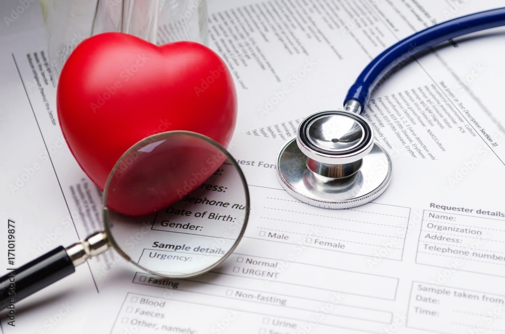 stethoscope, magnifying glass, red heart and patient information form on  desk, heart attack, heart disease, medical diagnosis, medical report record  and history patient concept, selective soft focus Stock Photo | Adobe Stock