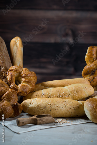 Different bread and bread slices. Food background.