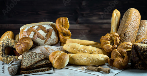 Different bread and bread slices. Food background.