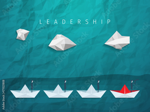 Businessman with monocular on paper boat as a symbol of business leadership. Visionary leading team, teamwork concept. Leadership concept. First place. Business success. Vector origami.