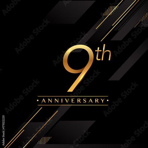 nine years anniversary celebration logotype. 9th anniversary logo golden colored isolated on black background, vector design for greeting card and invitation card.