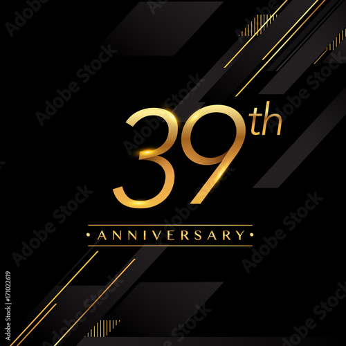thirty nine years anniversary celebration logotype. 39th anniversary logo golden colored isolated on black background, vector design for greeting card and invitation card. photo