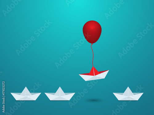 Outstanding the Boat rises above with balloon. Business advantage opportunities and success concept. Uniqueness, leadership, independence, initiative, strategy, dissent, think different.