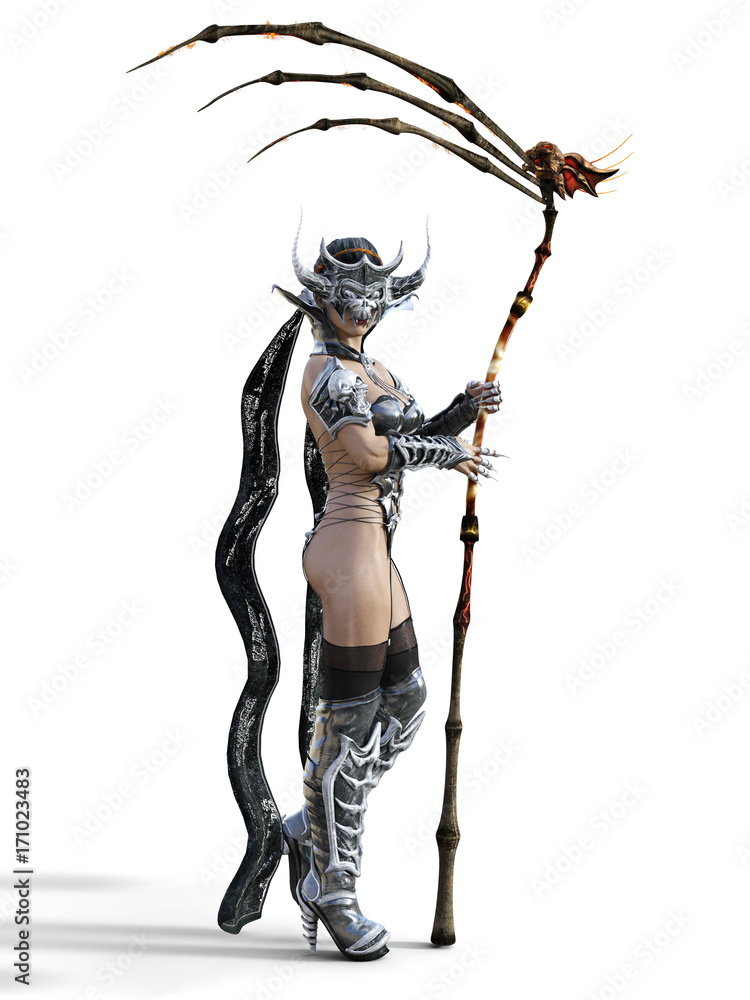 Evil sorceress mask horns. Gothic warrior woman. Magical protective armor. Muscular athletic body. Realistic 3D rendering isolate illustration. Hi key. Evil sorceress mask horns. Gothic warrior woman. Magical protective armor. Muscular athletic body. Realistic 3D rendering isolate illustration. Hi key.