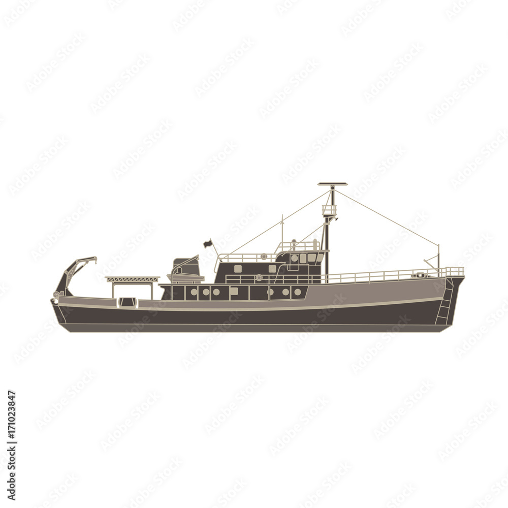 Vector cargo ship flat icon isolated. Vessel container side view illustration.