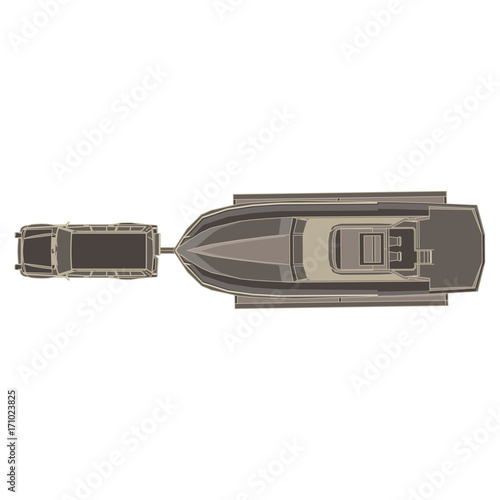 Vector car trailer with boat flat icon isolated top view illustration. Big black delivery flatbed tourism truck