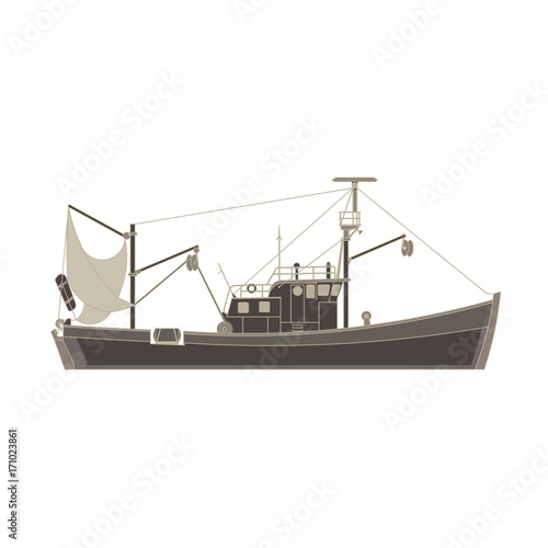 Vector fishing boat flat icon isolated. Vessel cargo ship illustration side view. Black catch commercial container cruise design. Industrial sea ship silhouette transport travel. Water transportation.