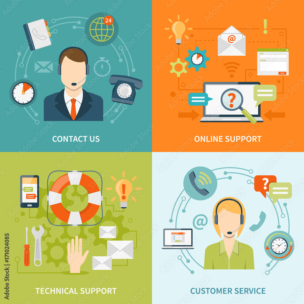 Contact Us Customer Support 2x2 Flat Icons Set Contact Us Customer Support 2x2 Flat Icons Set