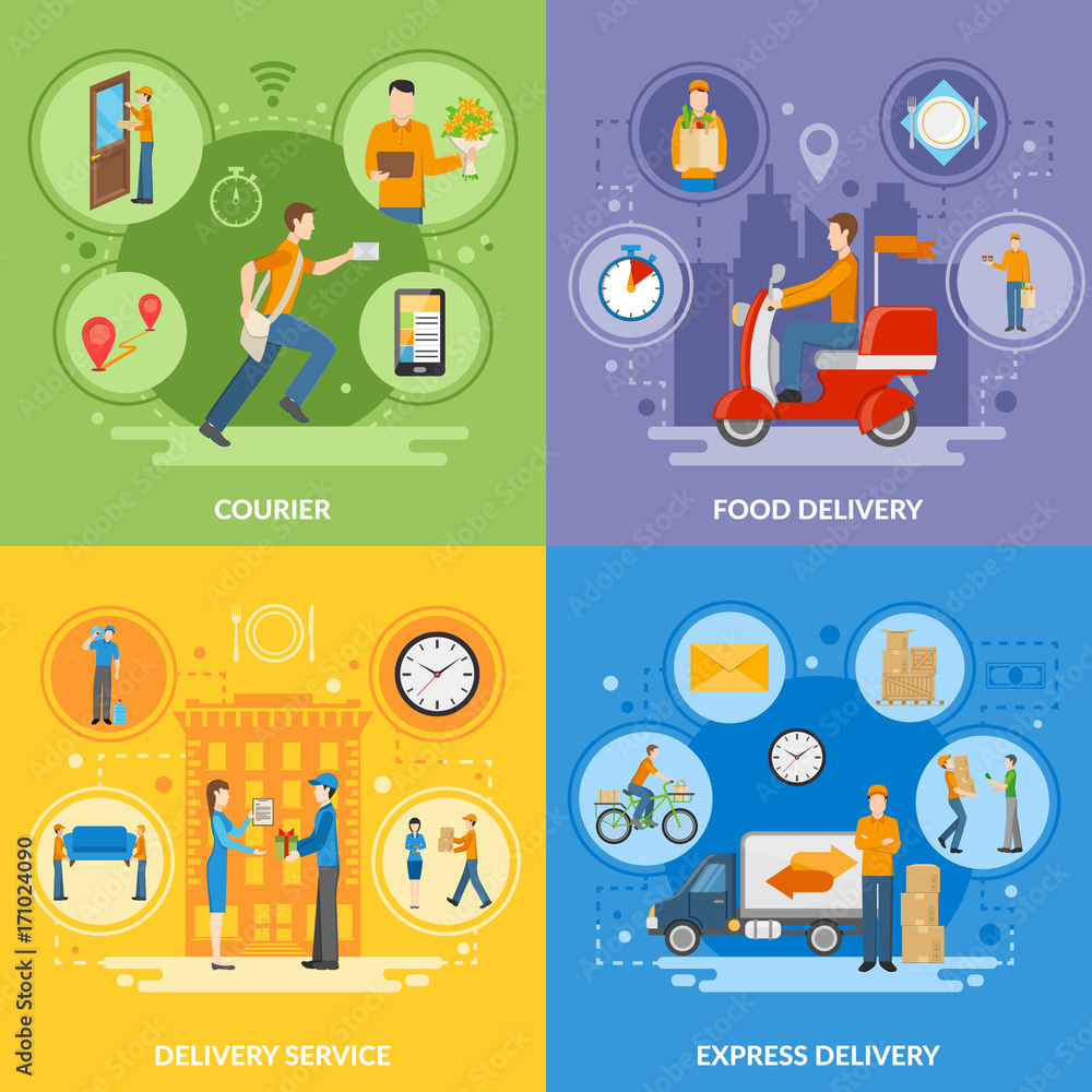 Delivery Courier People 2x2 Flat Icons Set Delivery Courier People 2x2 Flat Icons Set