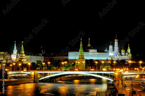 Night view of the Moscow Kremlin and Moskva river