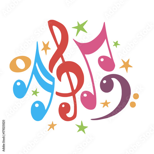 Music notes color .Abstract musical background. Vector illustration.Mensural musical notation.Colorful notes symbols.Note value.Music staff.