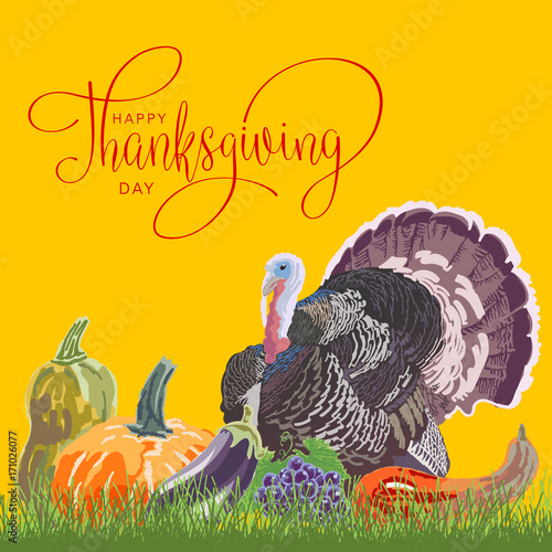 Happy thanksgiving day hand letter with turkey, pumpkin and grape. Handmade vector illustration